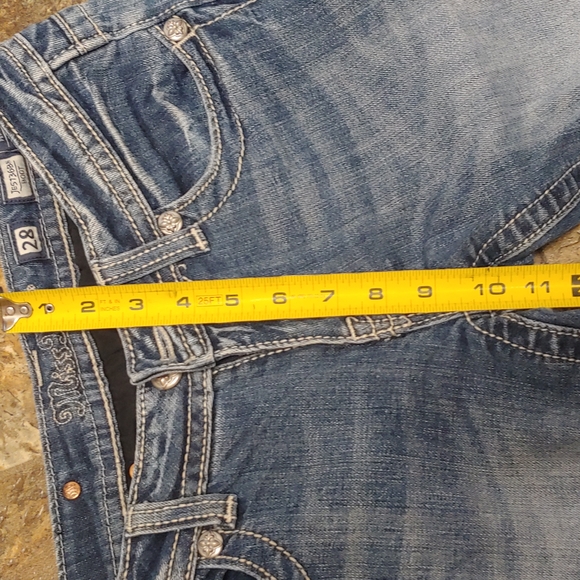 Miss Me jeans with lots of rhinestones, leather, and silver. Sz.28 - Picture 15 of 17